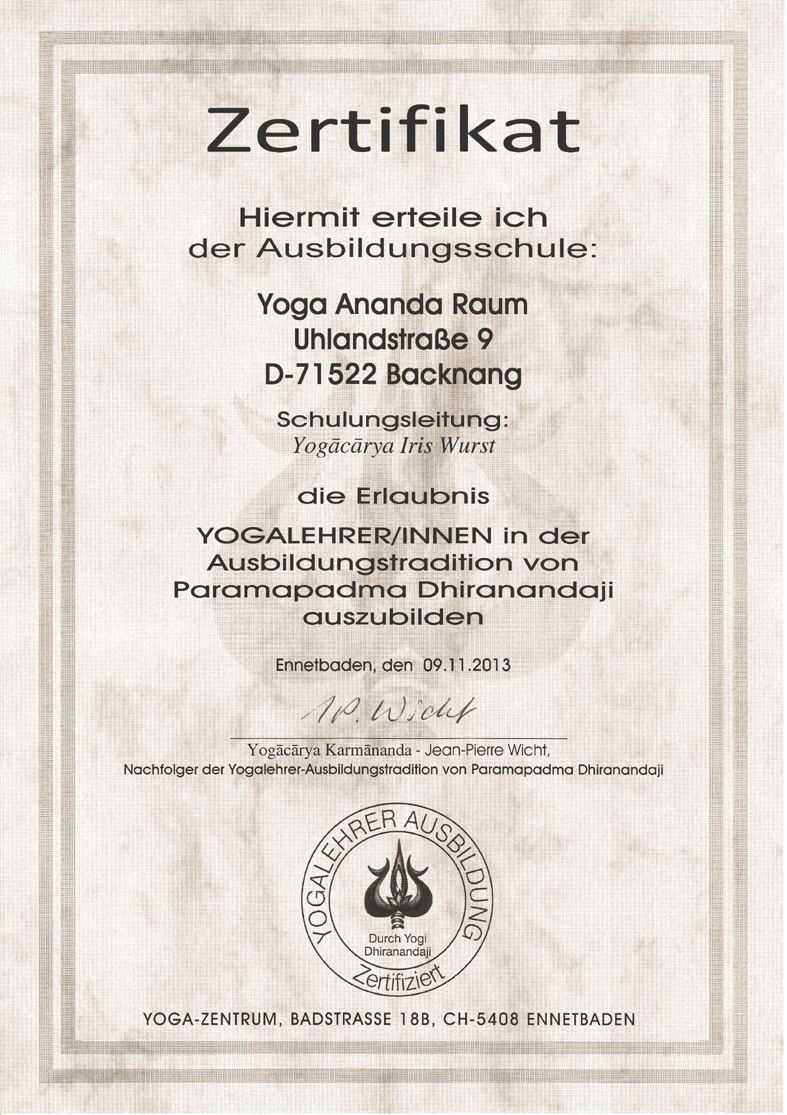 Yoga Ananda Raum - Zertifikat